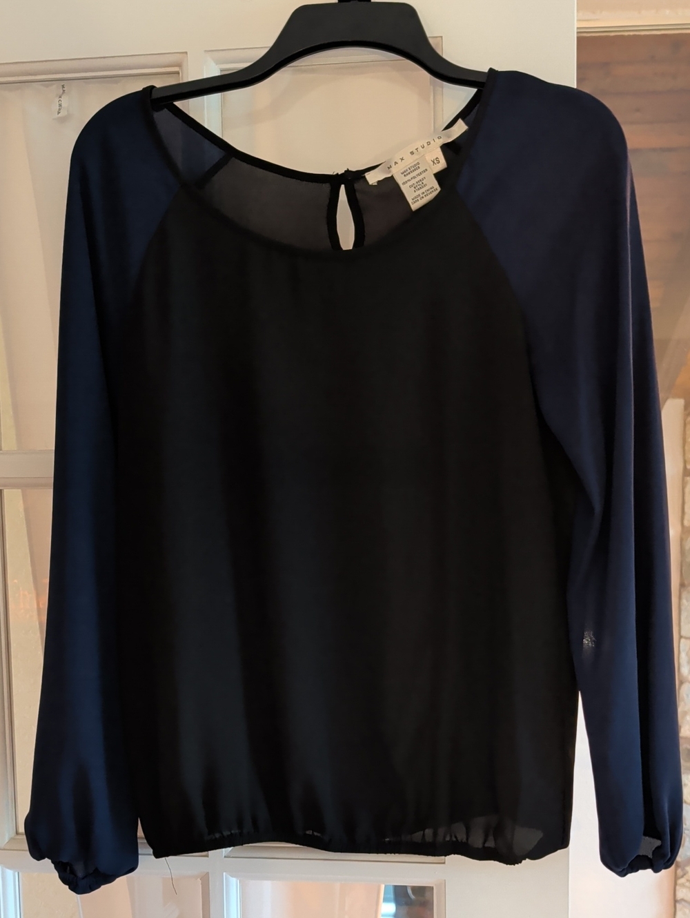 Max Studio Black Chiffon Body with Navy Long Raglan Sleeves